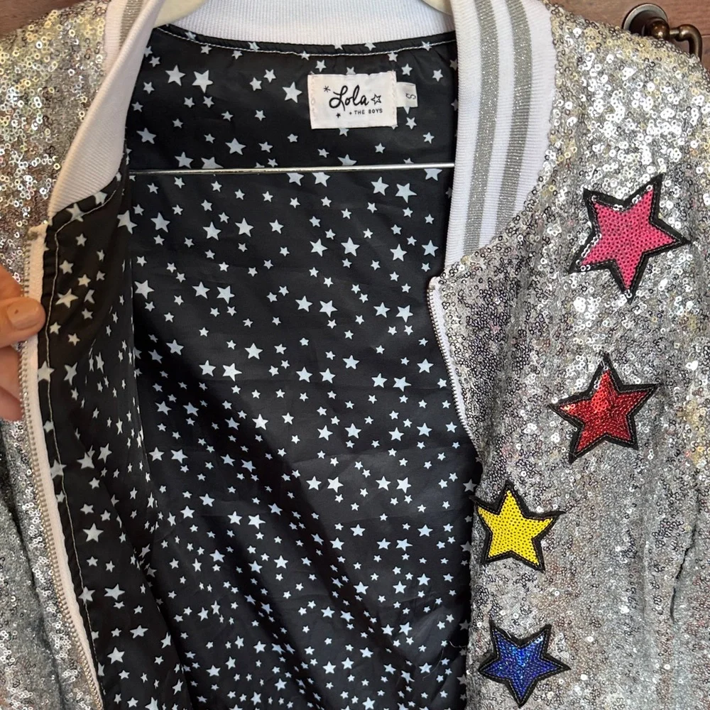 Lola + The Boys Silver Sequin Jacket with Multicolor Stars and Unicorn EUC - Picture 6 of 6